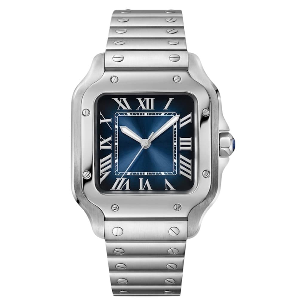 Blue Alvinegro - A square-cased automatic with a blue sunburst dial and a polished steel bracelet.