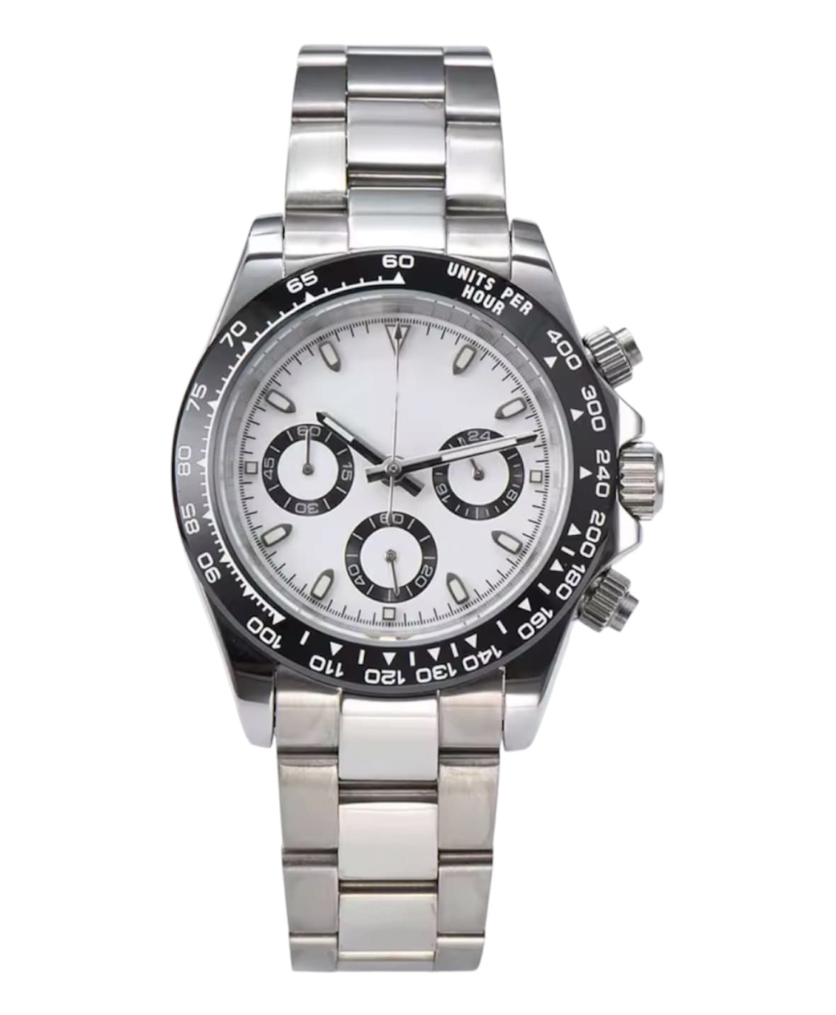 Panda Chronograph - A mecha-quartz chronograph with a tachymeter chronograph panda dial and a Clam steel bracelet.
