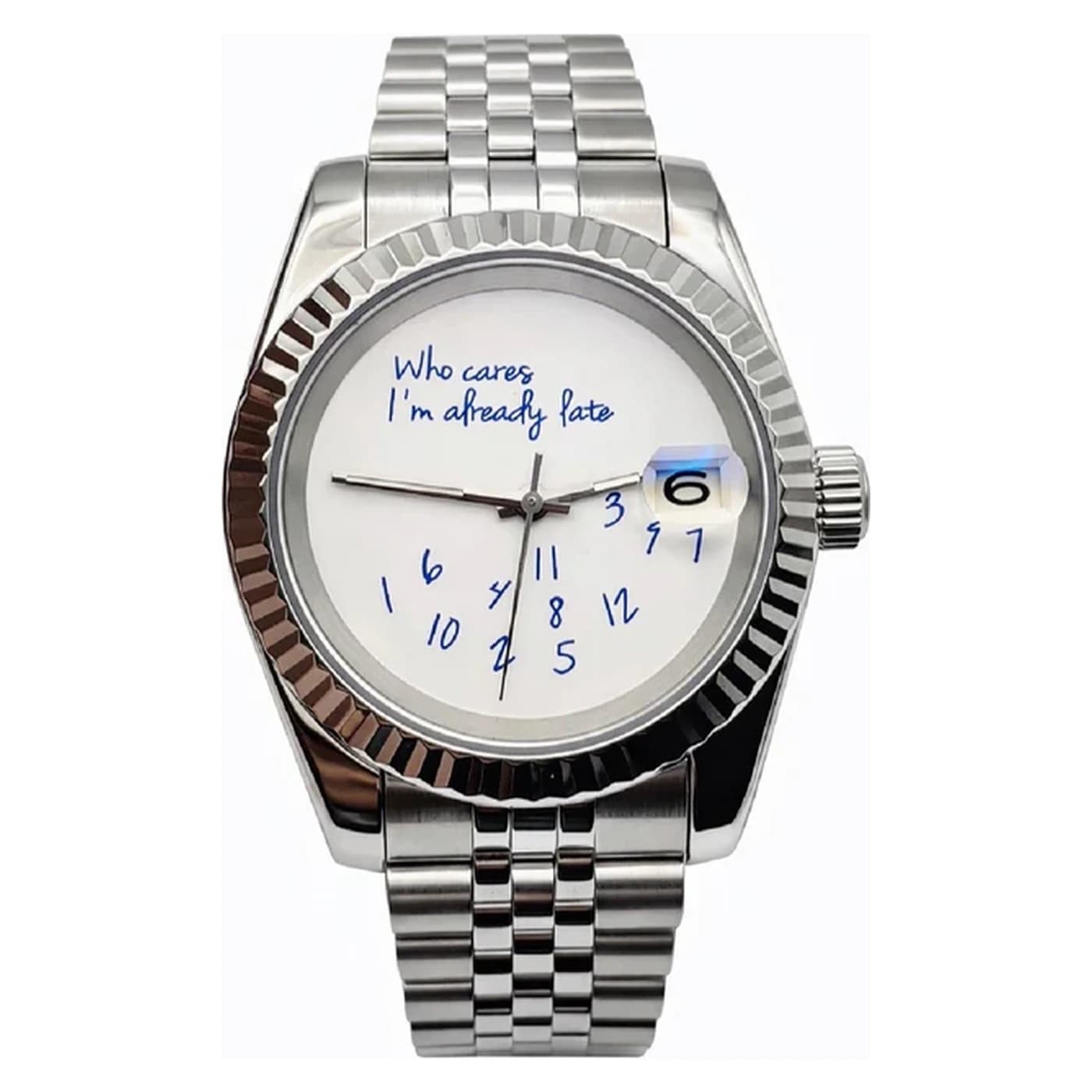 Who Cares I'm Already Late - A Victoria-bracelet automatic with a hand-lettered dial that says exactly how you feel about meeting times.