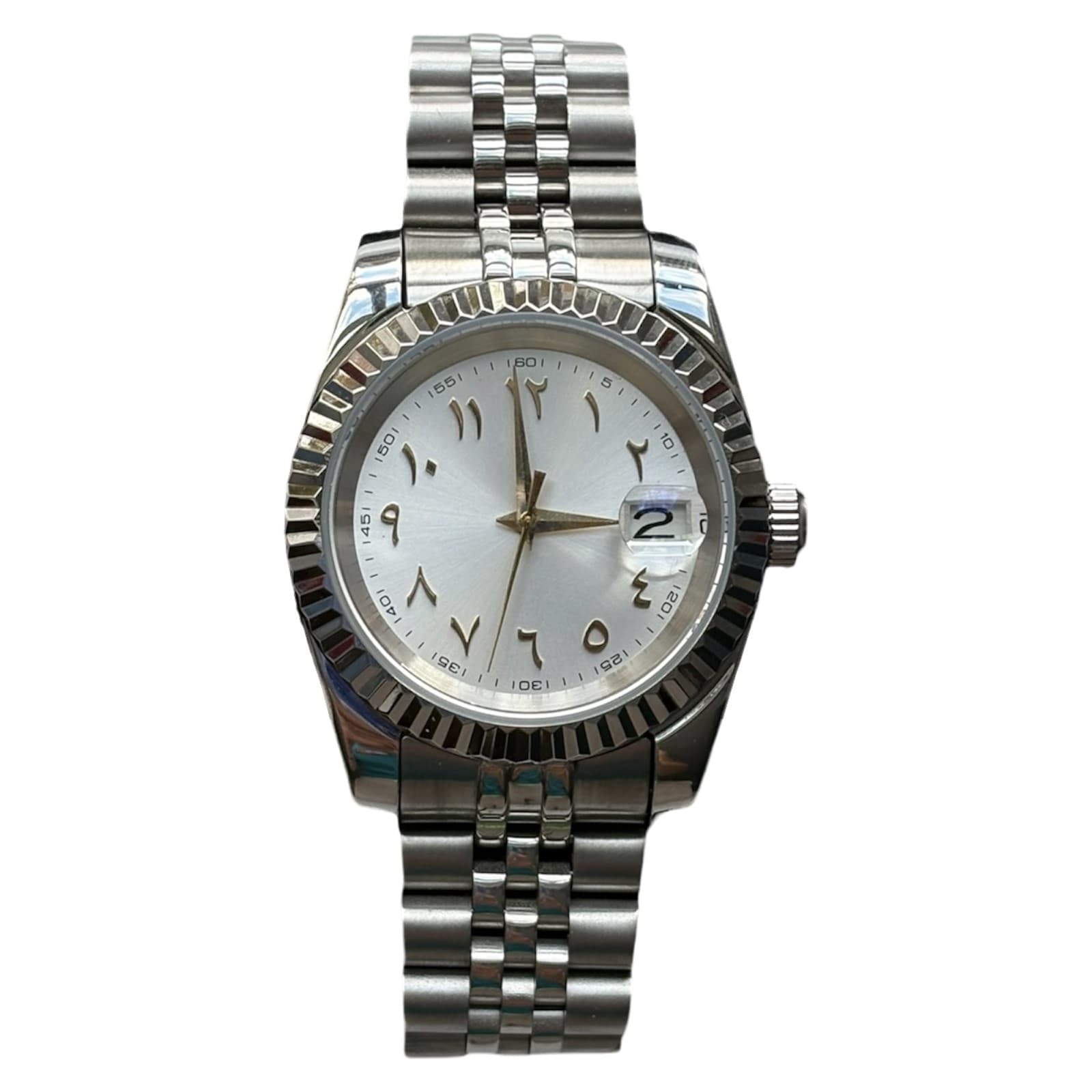 Eastern Arabic Numeral Two Tone - A Victoria-bracelet automatic with a silver sunburst dial, gold-tone Eastern Arabic numerals and gold-tone hands.