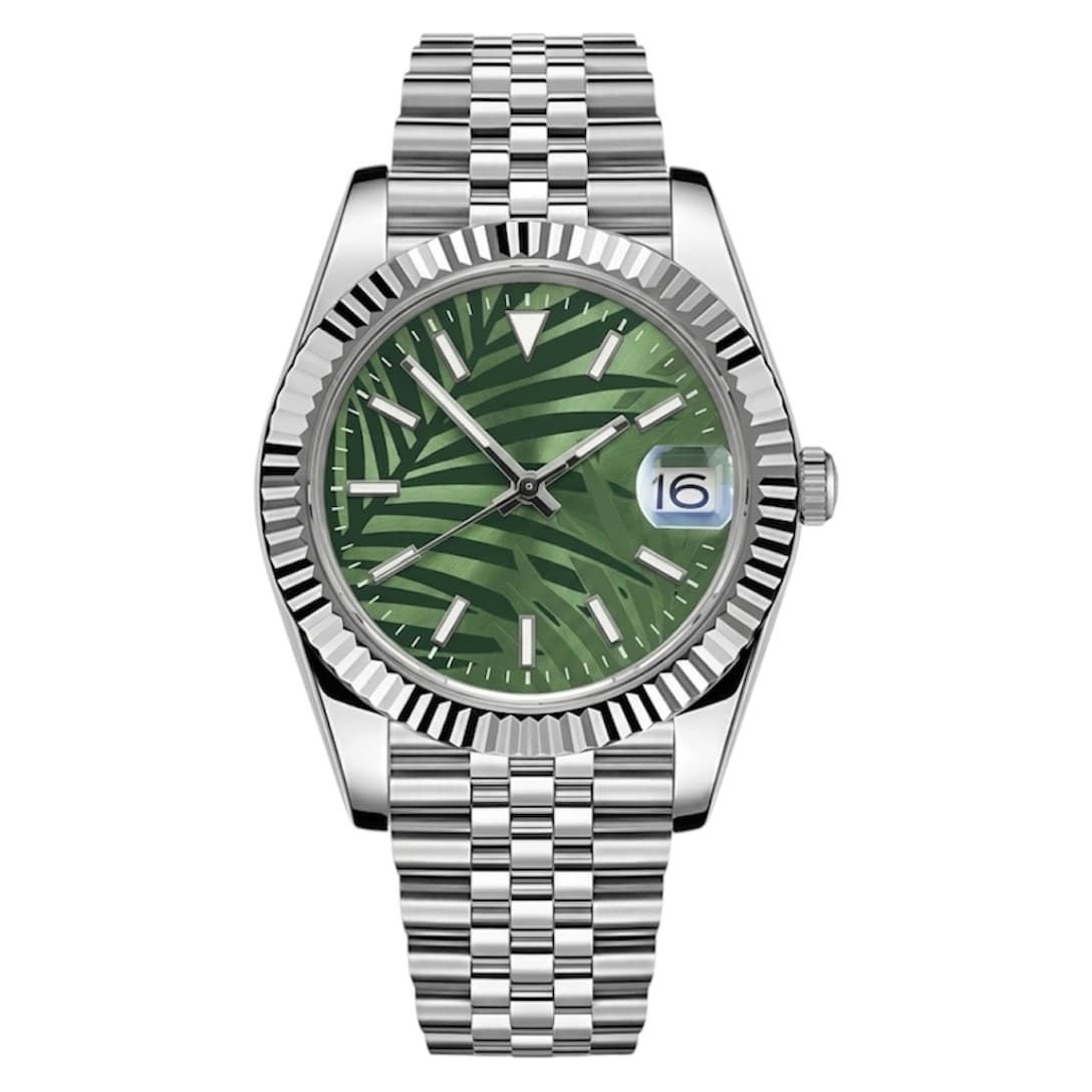 Forest Green Fluted-Bezel - A Victoria-bracelet automatic with a tropical-textured forest green dial.