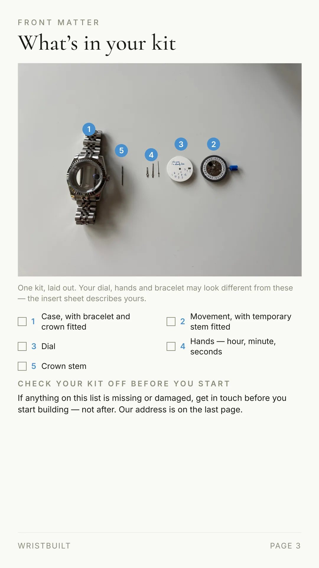 FRONT MATTER What’s in your kit One kit, laid out. Your dial, hands and bracelet may look different from these — the insert sheet describes yours. 1 Case, with bracelet and crown fitted 2 Movement, with temporary stem fitted 3 Dial 4 Hands — hour, minute, seconds 5 Crown stem CHECK YOUR KIT OFF BEFORE YOU START If anything on this list is missing or damaged, get in touch before you start building — not after. Our address is on the last page. WRISTBUILT PAGE 3 1 2 3 4 5