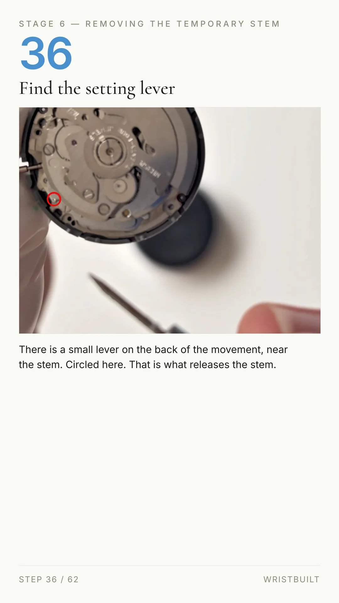 STAGE 6 — REMOVING THE TEMPORARY STEM 36 Find the setting lever There is a small lever on the back of the movement, near the stem. Circled here. That is what releases the stem. STEP 36 / 62 WRISTBUILT