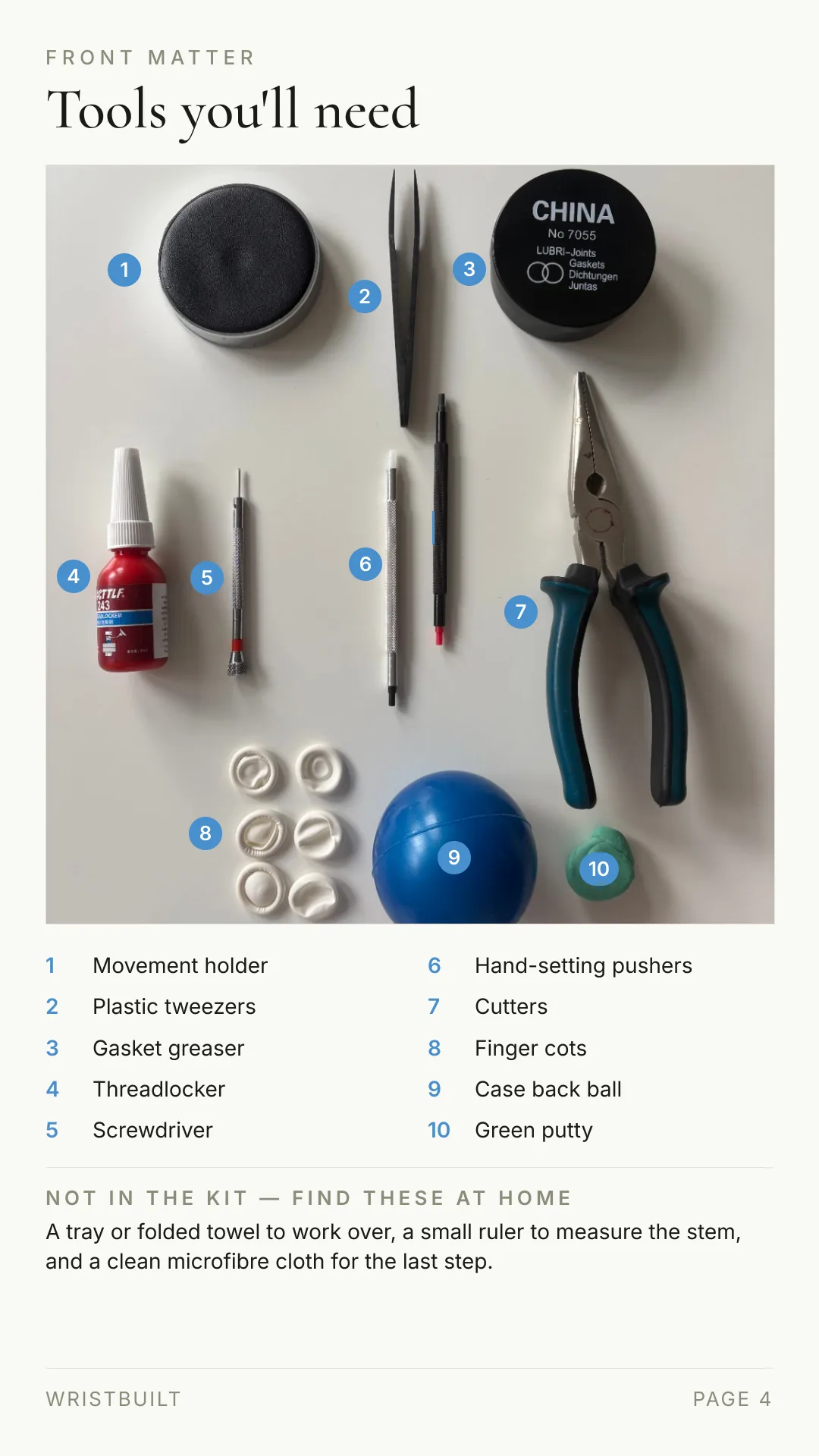 FRONT MATTER Tools you'll need 1 Movement holder 2 Plastic tweezers 3 Gasket greaser 4 Threadlocker 5 Screwdriver 6 Hand-setting pushers 7 Cutters 8 Finger cots 9 Case back ball 10 Green putty NOT IN THE KIT — FIND THESE AT HOME A tray or folded towel to work over, a small ruler to measure the stem, and a clean microfibre cloth for the last step. WRISTBUILT PAGE 4 1 4 5 2 8 9 10 7 6 3