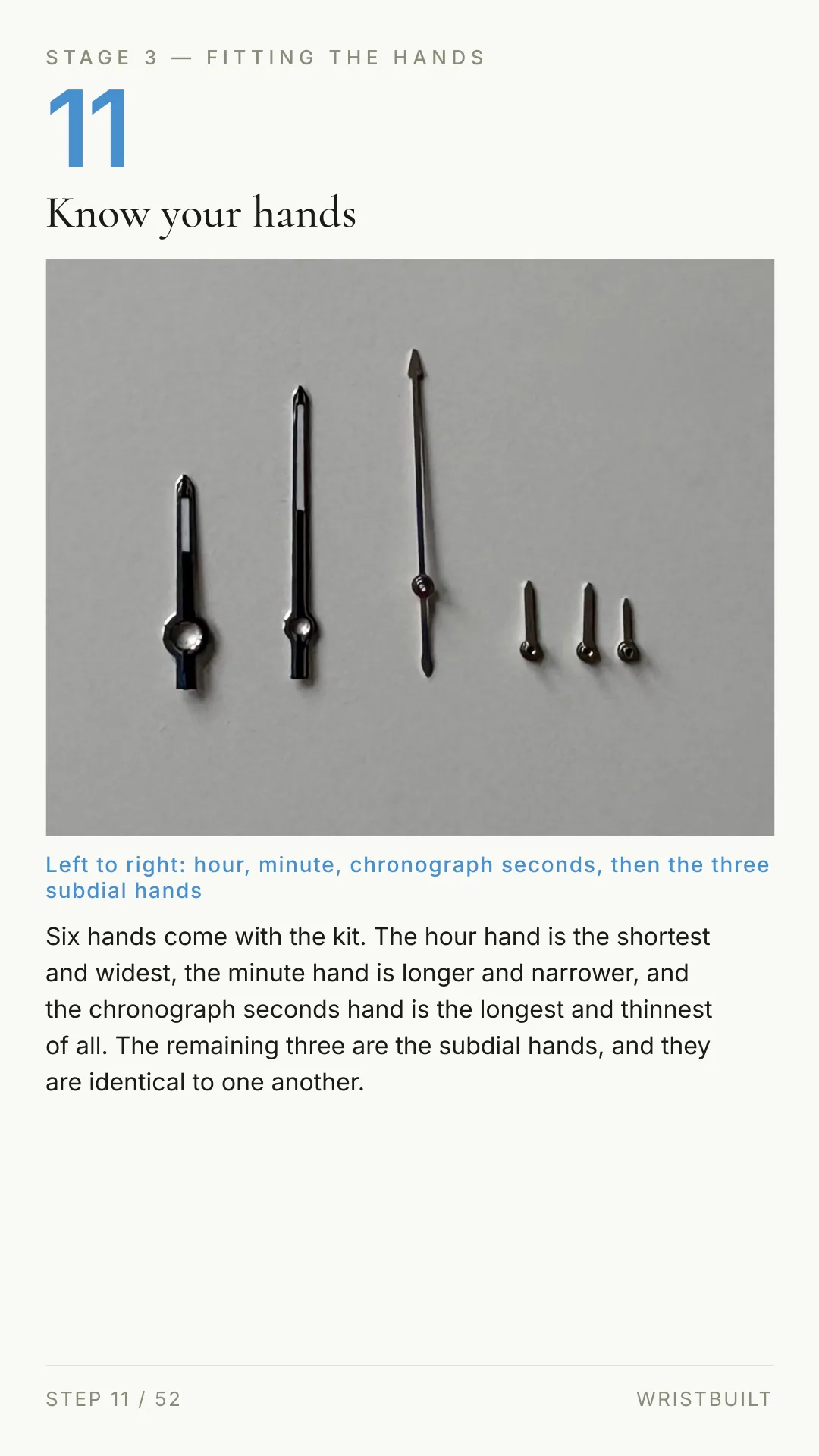 STAGE 3 — FITTING THE HANDS 11 Know your hands Left to right: hour, minute, chronograph seconds, then the three subdial hands Six hands come with the kit. The hour hand is the shortest and widest, the minute hand is longer and narrower, and the chronograph seconds hand is the longest and thinnest of all. The remaining three are the subdial hands, and they are identical to one another. STEP 11 / 52 WRISTBUILT